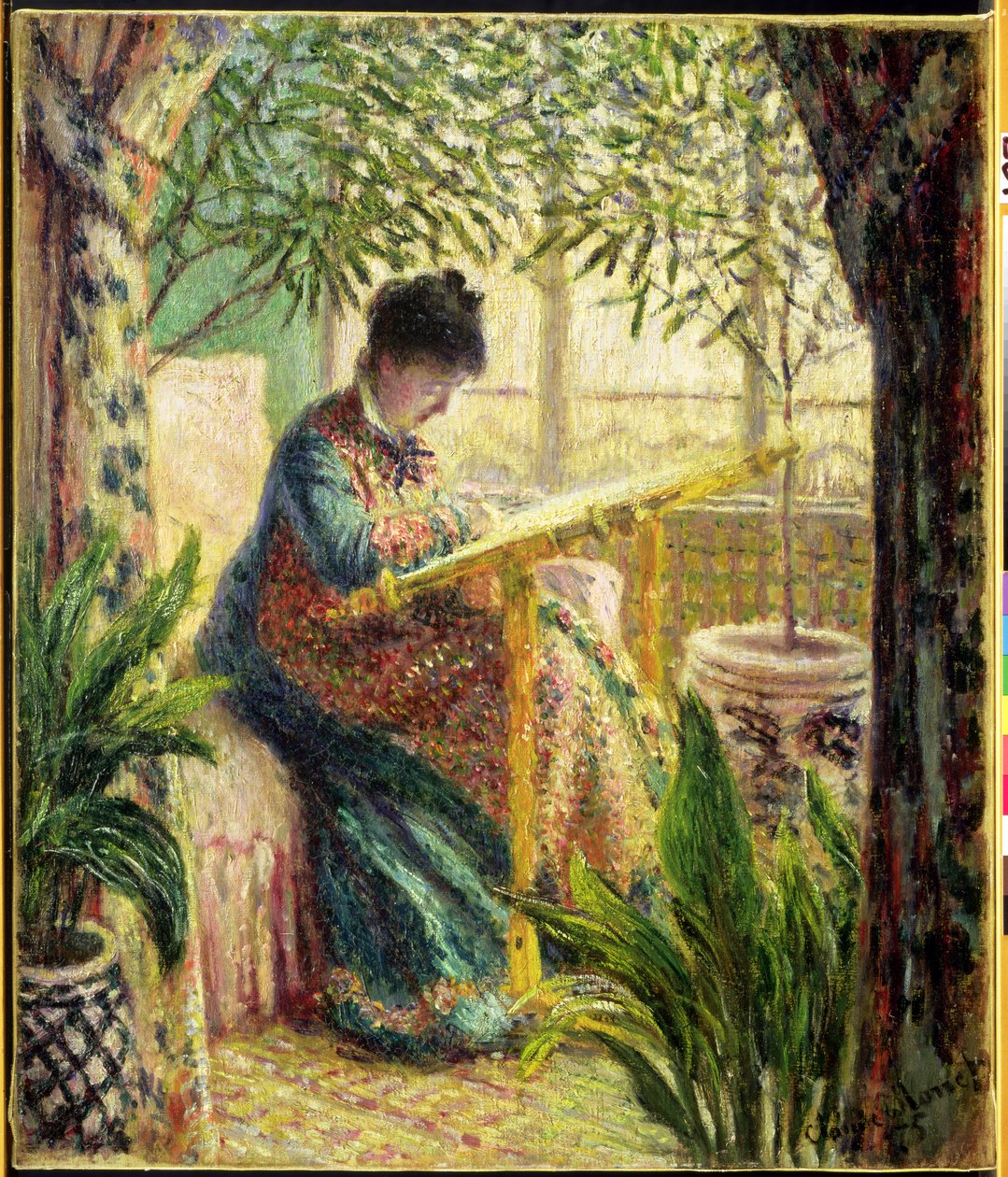 Madame Monet Brodering (Camille au Metier) 1875 af Claude Monet