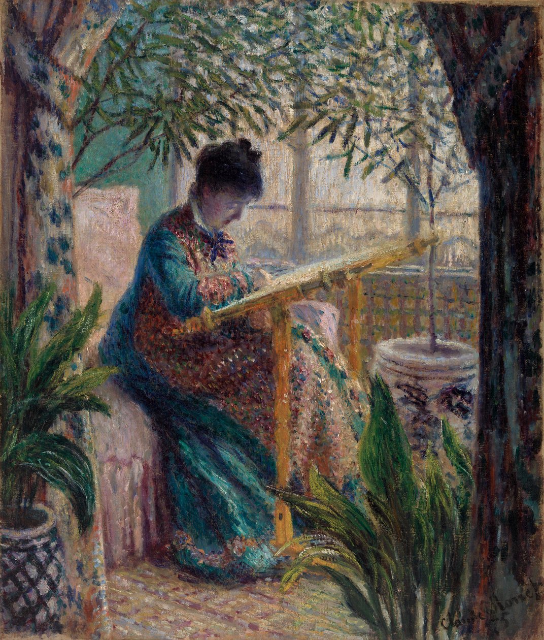 Madame Monet Brodering (Camille ved håndværket) af Claude Monet