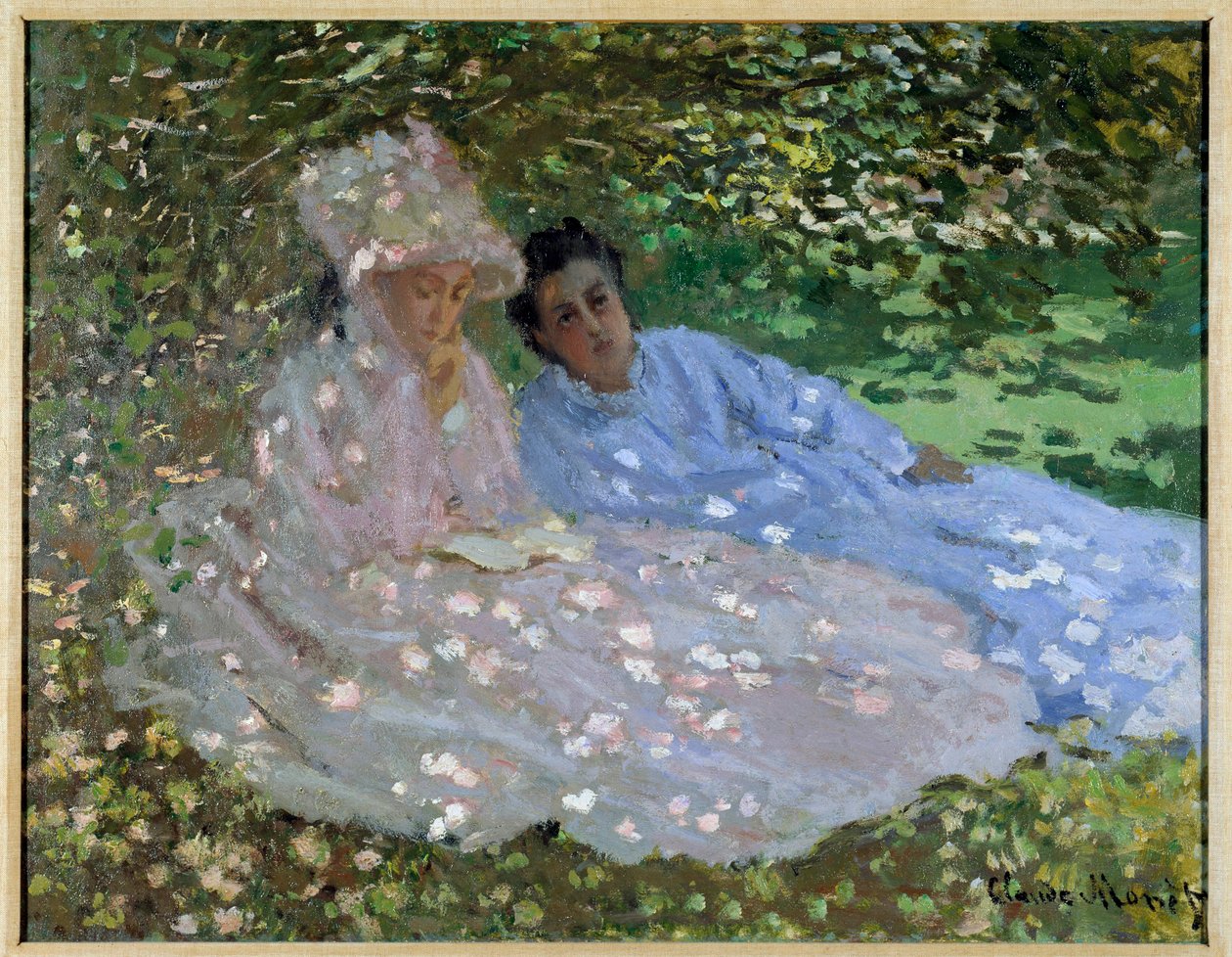 Fru Monet og en ven i haven. To kvinder sidder i skyggen af et træ. Maleri af Claude Monet (1840-1926) af Claude Monet