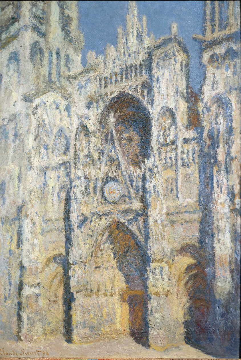 Rouen-katedralen, portalen og tårnet Saint Romain, fuld soleffekt, blå harmoni og guld - olie på lærred af Claude Monet