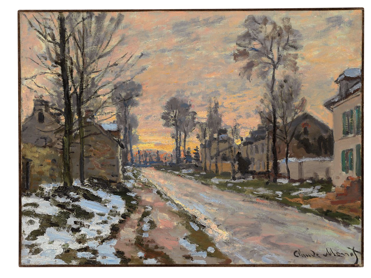 Vej til Louveciennes, smeltende sne, solnedgang, ca. 1869-70 af Claude Monet