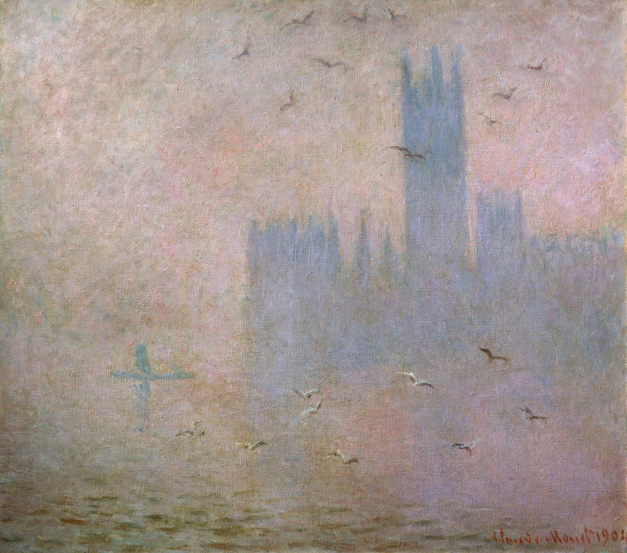 Måger. Themsen i London. Parlamentets Huse, 1903-1904 af Claude Monet