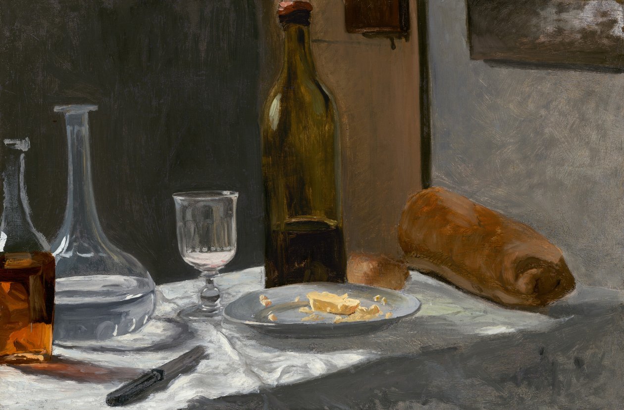 Stilleben med flaske, karaffel, brød og vin, ca. 1862-63 (olie på lærred) af Claude Monet