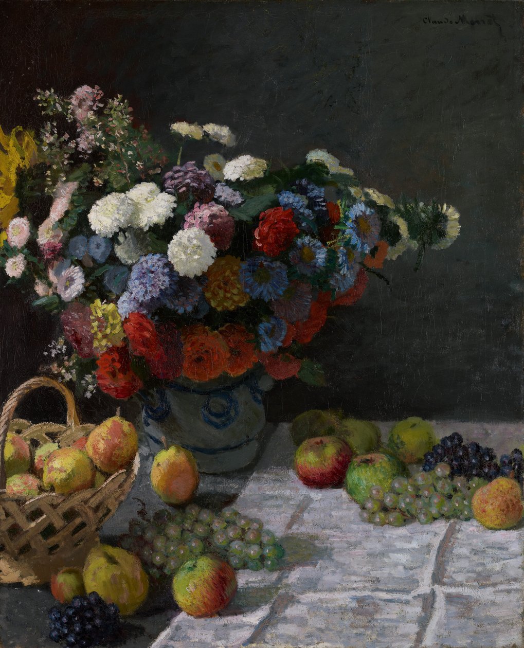 Stilleben med blomster og frugt af Claude Monet