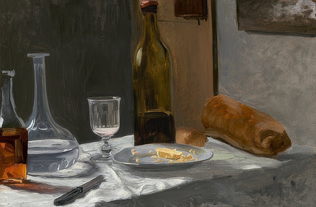 Stilleben med flaske, karaffel, brød og vin. Omkring 1862/63 af Claude Monet