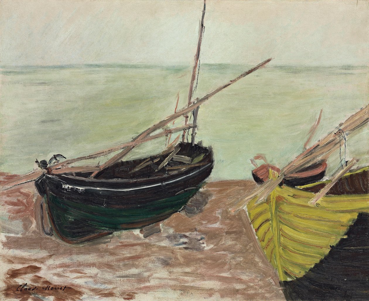 Undersøgelse af både på Etretat Beach; Undersøgelse af både på stranden ved Etretat, 1885 af Claude Monet