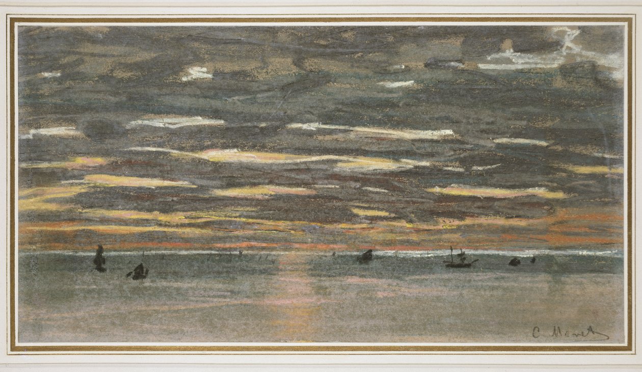 Solnedgang til søs, 1865-1870 (pastel på brunfarvet papir) af Claude Monet