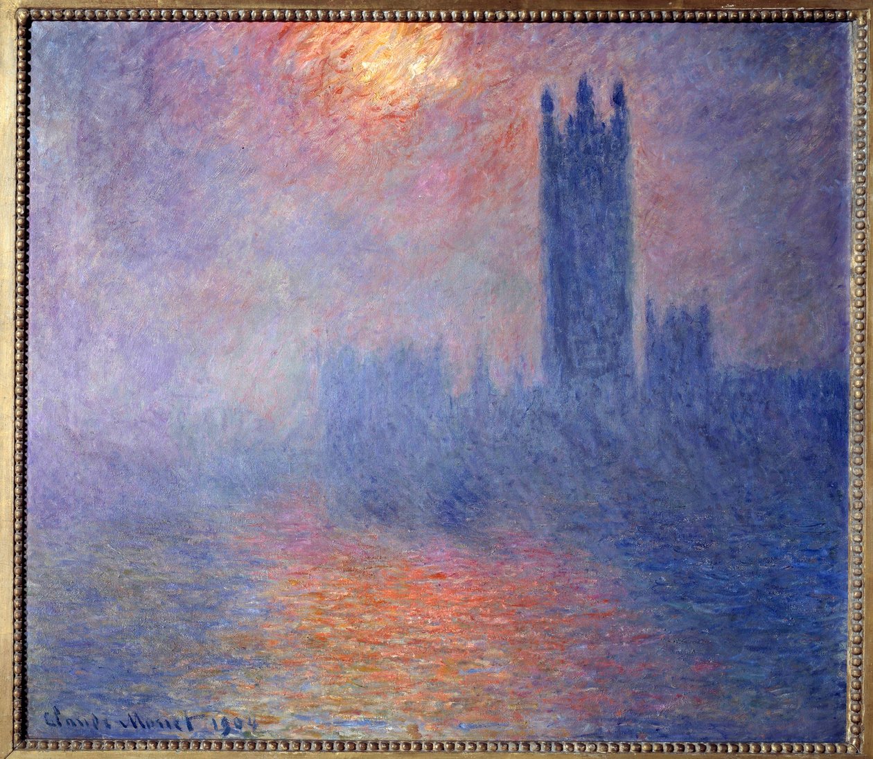Houses of Parliament, London, med solen, der bryder gennem tågen af Claude Monet