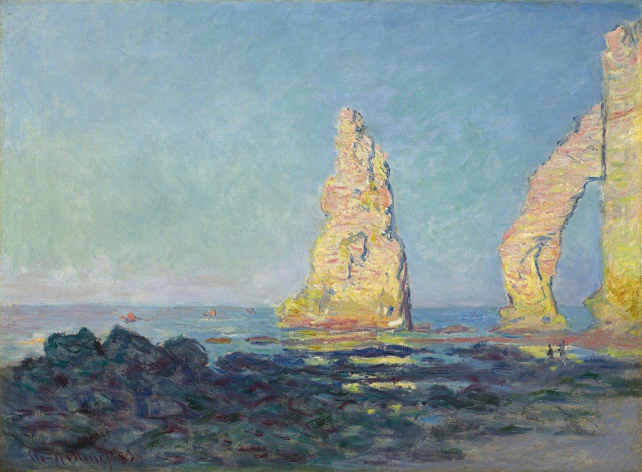 Nålen af Etretat, lavvande; Aiguille d"Etretat, maree basse, 1883 af Claude Monet