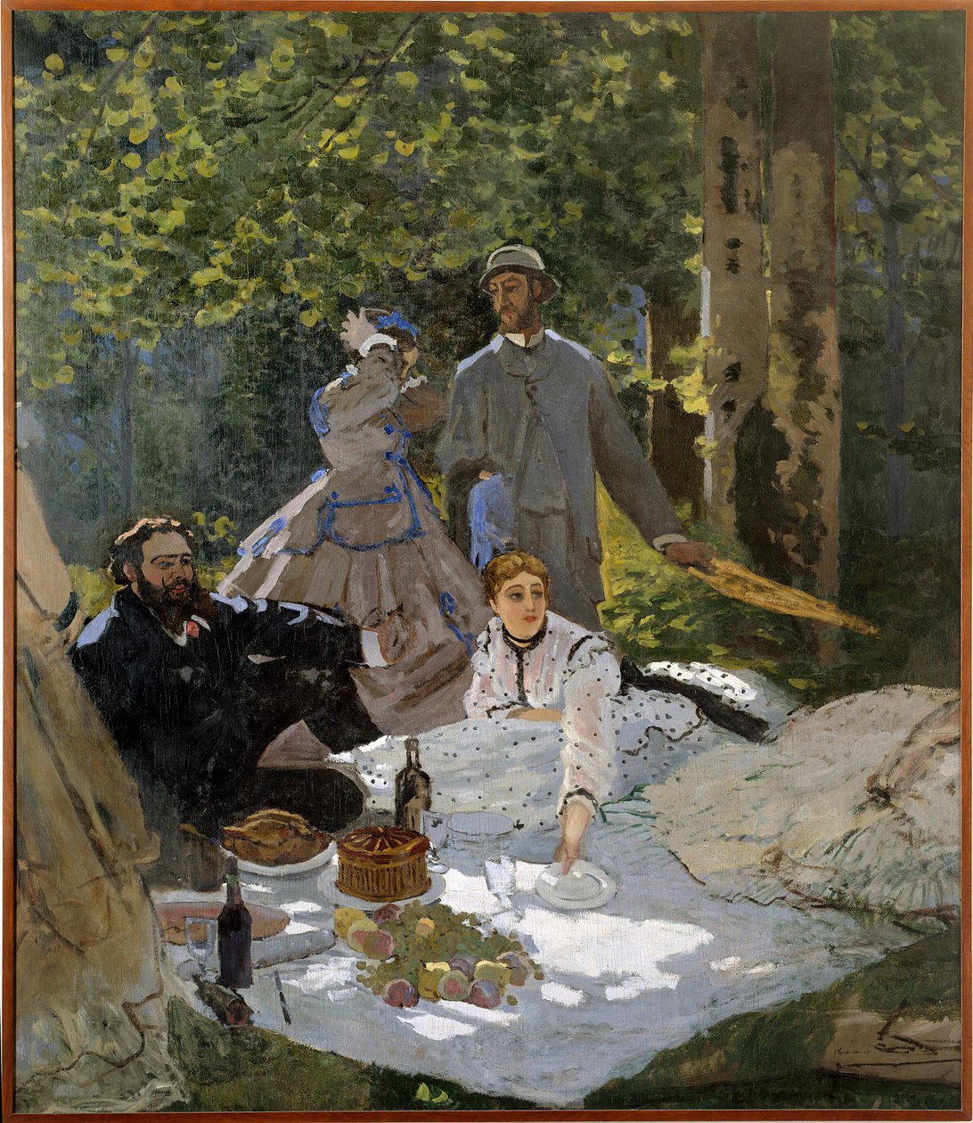 Morgenmaden på græsset (portræt af Frederic Bazille (1841-1870) i midten, Camille Doncieux (1847-1879) og Gustave Courbet (1819-1877) a Gauche) af Claude Monet