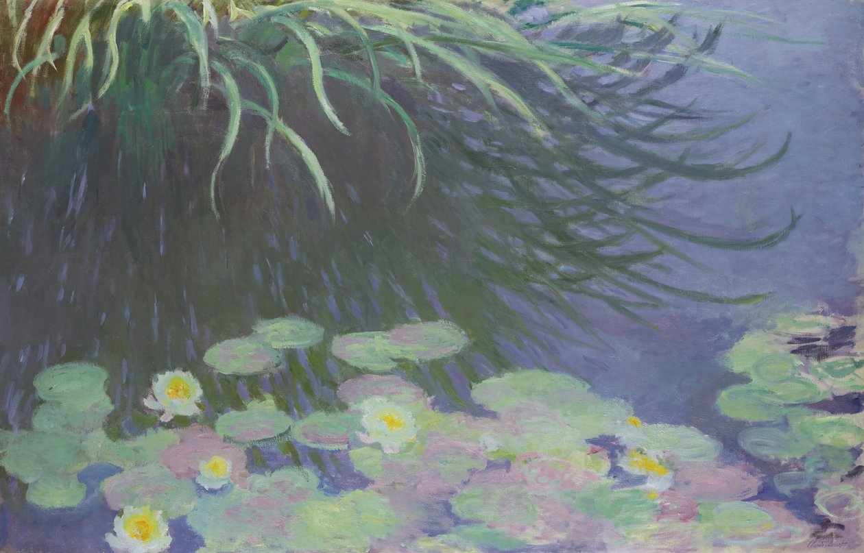 Åkander med refleksioner af højt græs, 1914-1917 af Claude Monet