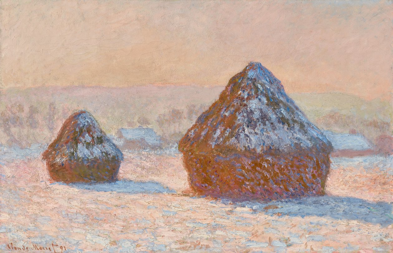Hvedestakke, sneeffekt, morgen (Meules, Effet de Neige, Le Matin) af Claude Monet