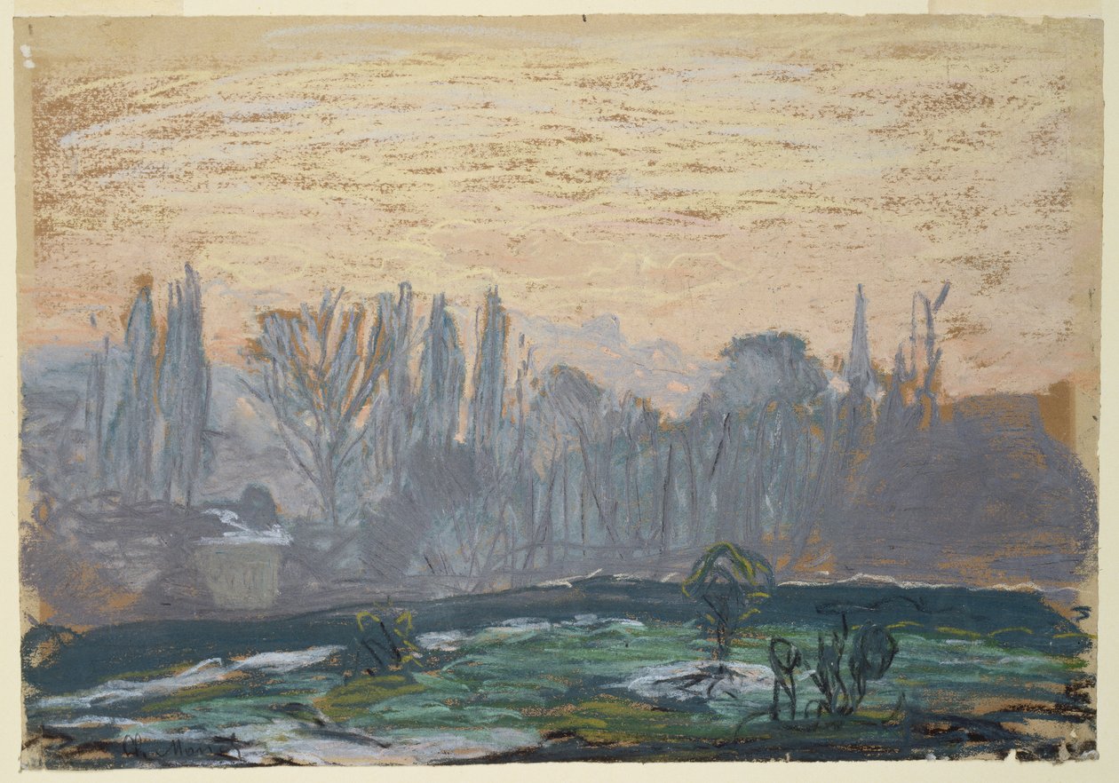 Vinterlandskab med aftenhimmel, ca. 1870-80 (pastelkridt på papir) af Claude Monet