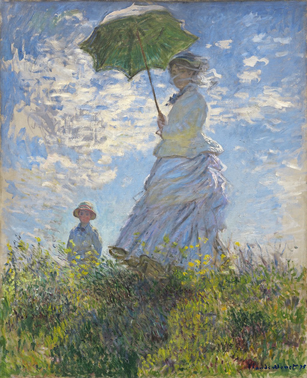 Kvinde med parasol - Madame Monet og hendes søn af Claude Monet