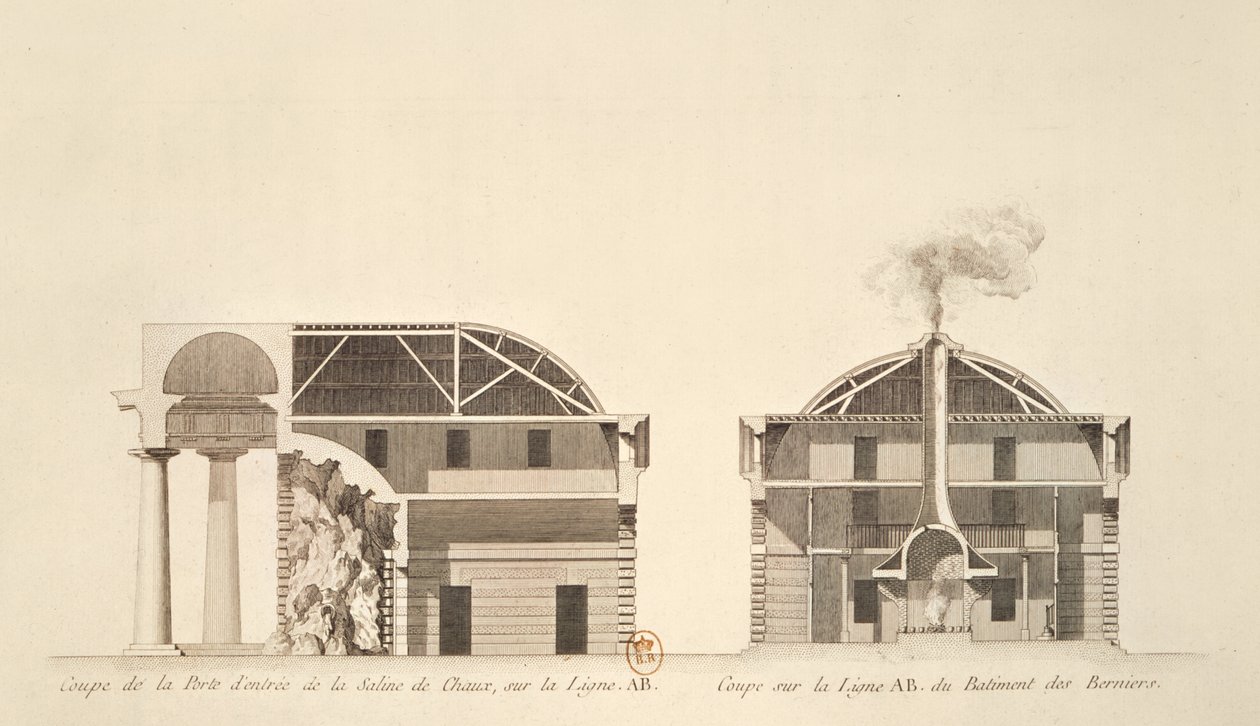 Tværsnit af indgangen til saltværket i den ideelle by Chaux, ca. 1801 af Claude Nicolas Ledoux