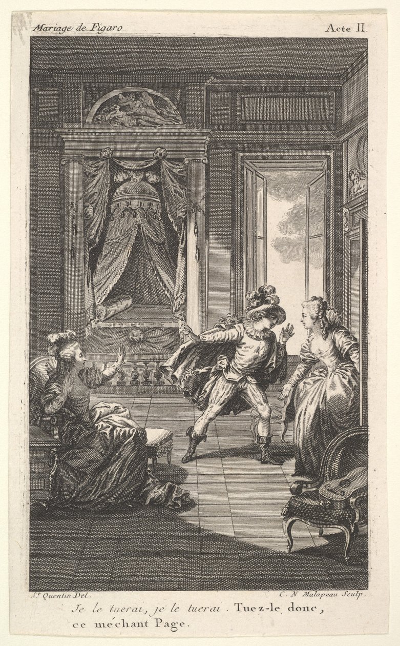 En mand læner sig mod en kvinde, der står i en døråbning til højre, til venstre en siddende kvinde rejser..., ca. 1784. af Claude Nicolas Malapeau