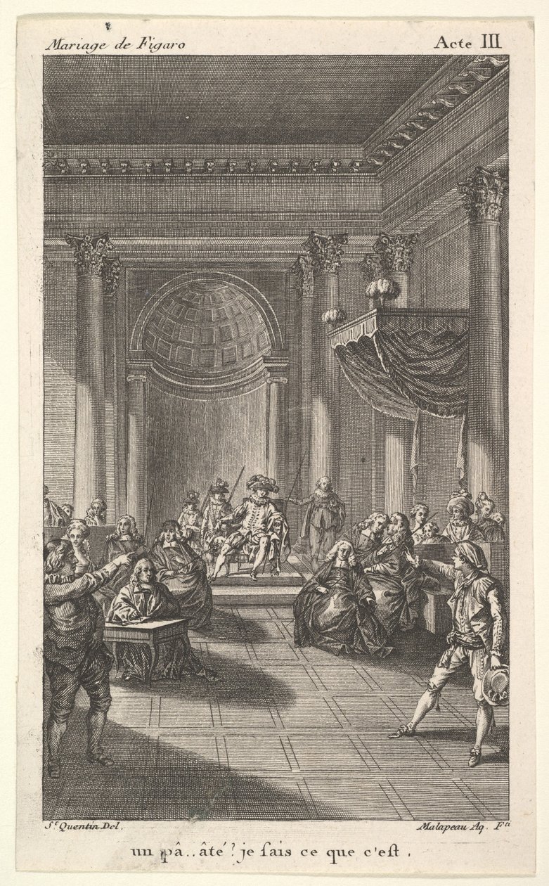 En mand, der sidder i en stol på et trappetrin, holder et publikum, to pegende mænd står..., ca. 1784. af Claude Nicolas Malapeau