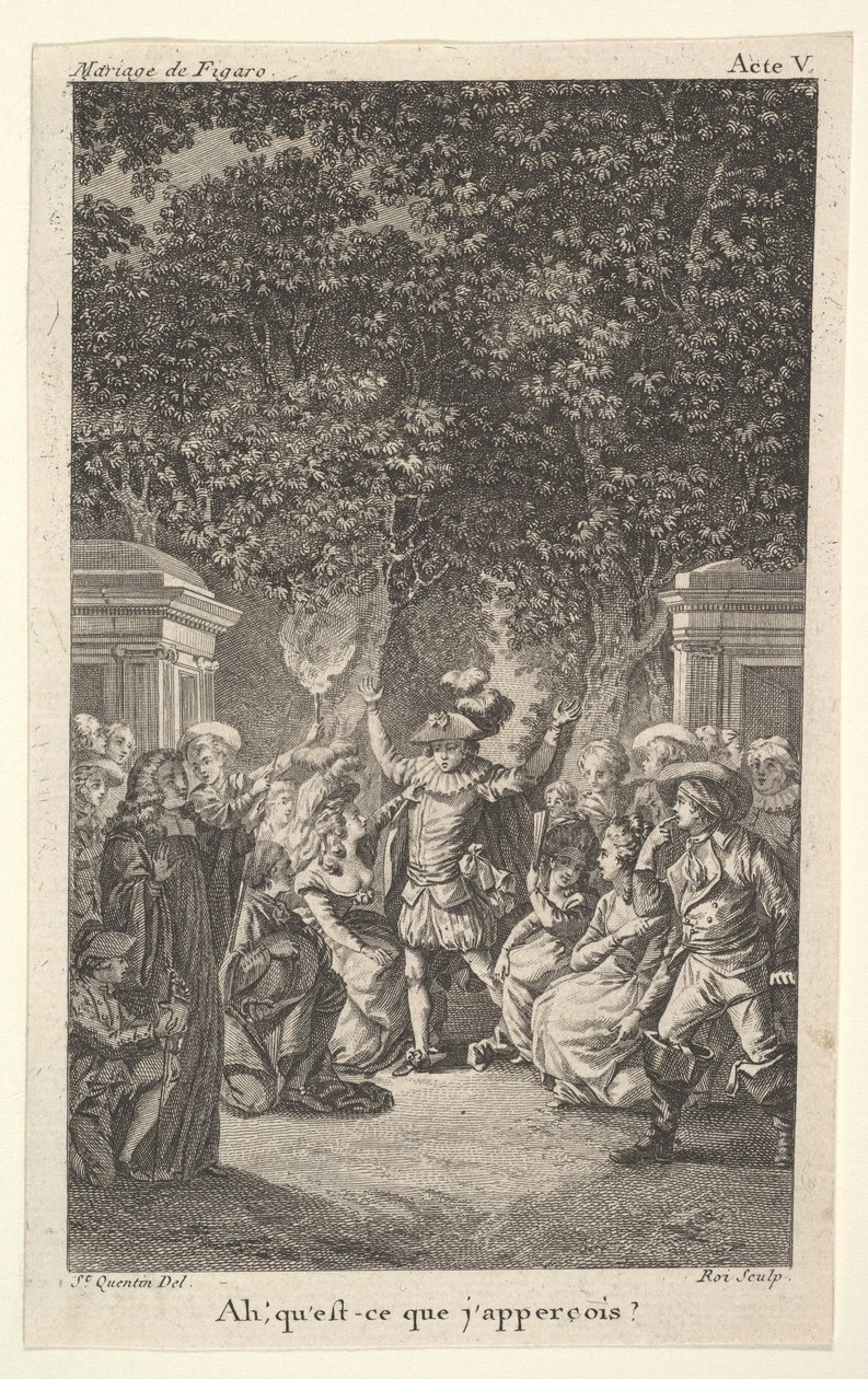 En ung dreng holder en fakkel under træer i en have, i midten løfter en mand begge arme, s..., ca. 1784. af Claude Nicolas Malapeau