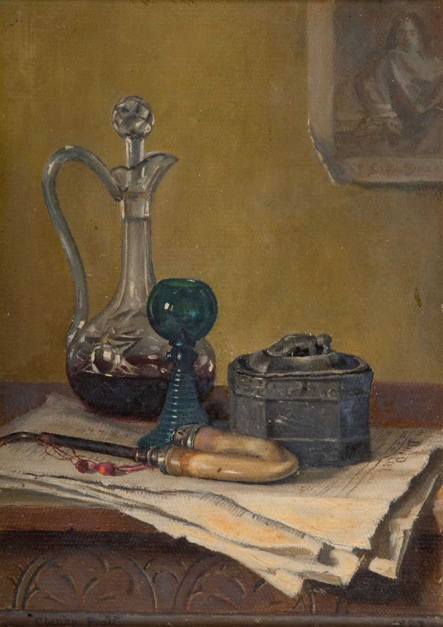 Stilleben af avis, rør, karaffel og krukke, 1887. af Claude Pratt