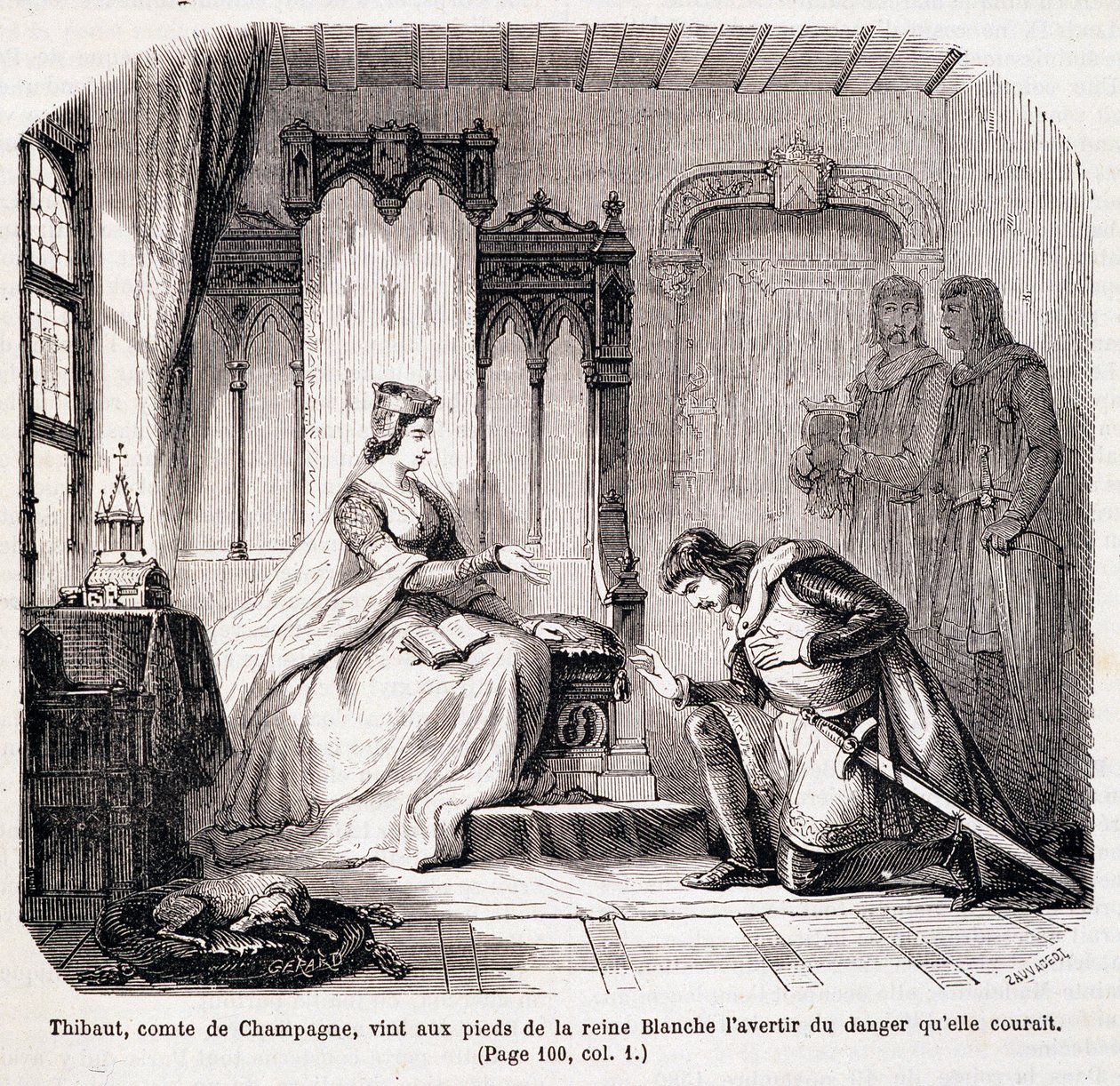 Thibaut, greve af Champagne, kom til fødderne af dronning Blanche af Castilien for at advare hende om den fare, hun løb - i "Paris gennem århundredet" af de Genouillac af Claude Sauvageot
