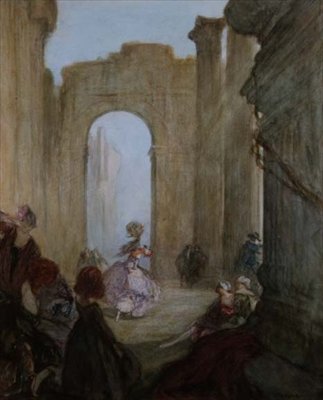 Piger ser på en danser blandt klassiske ruiner (farve litho) af Claude Shepperson