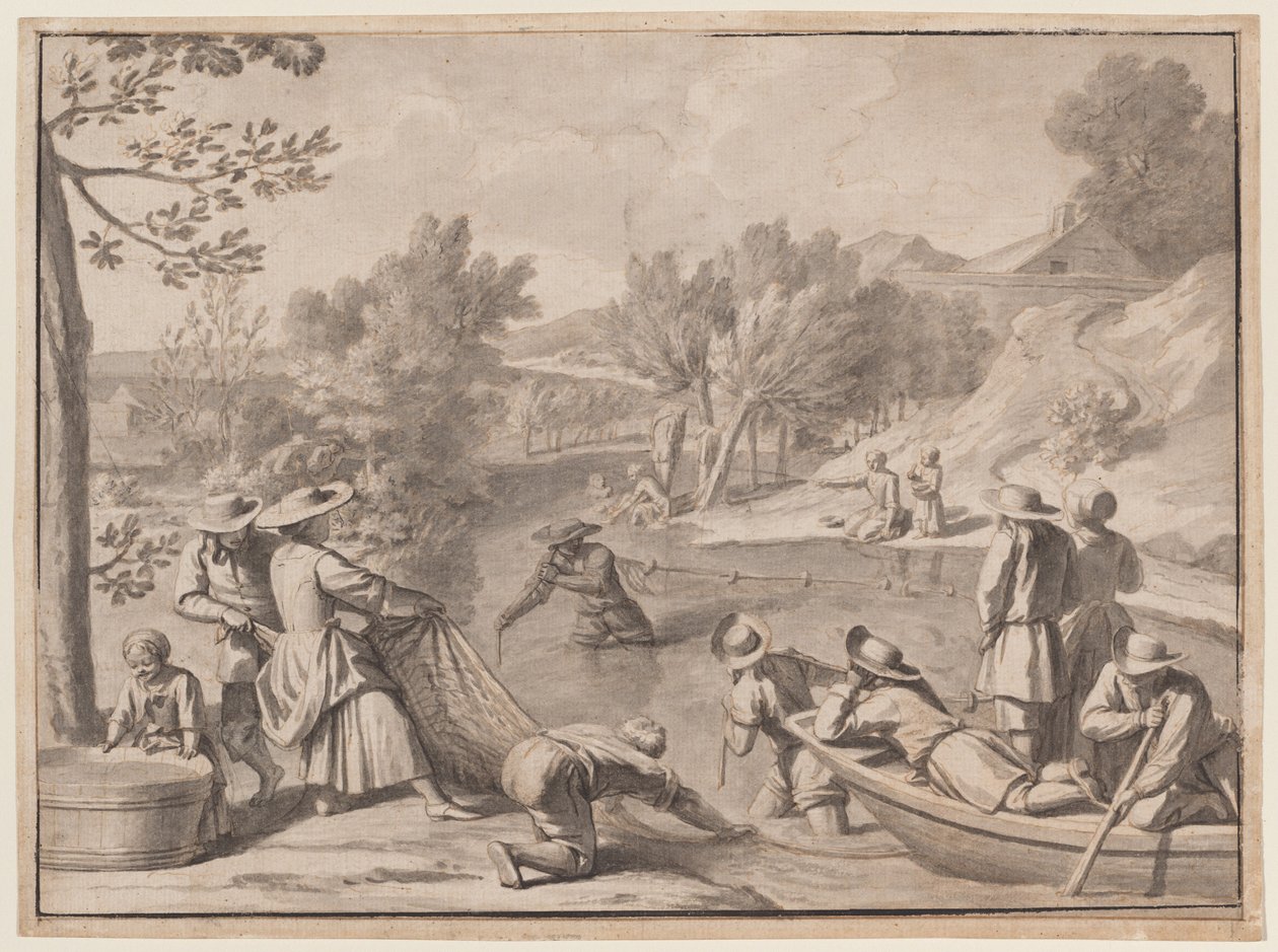 August: Fiskeri, ca. 1700 (blæk) af Claude Simpol