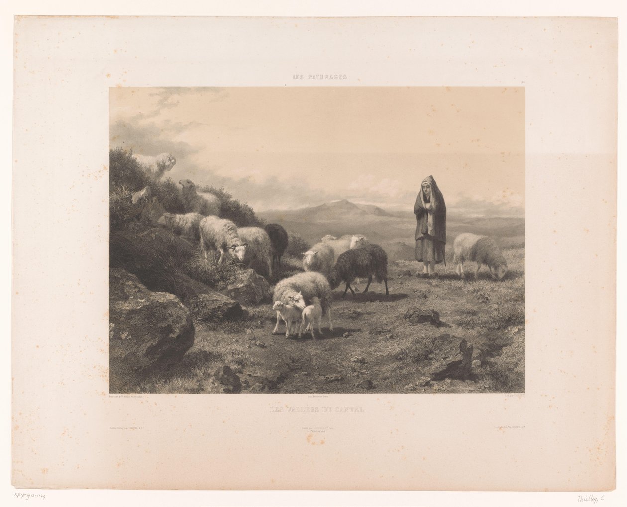 Hyrdinde med får på Cantal-sletten Les Vallées du Cantal (titel på objekt) Græsgange (serietitel) Les paturages (serietitel på objekt) af Claude Thielley