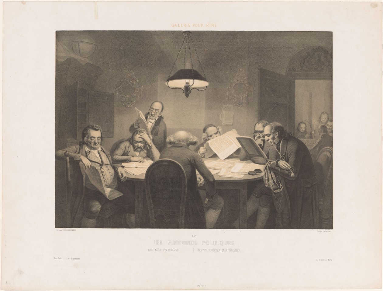 Læser mænd omkring et bord Les profonds politiques / De dybe politikere / Die vollendeten Staatsmanner (titel på objekt) Humoristiske optrædener (serietitel) Gallery pour rire (serietitel på objekt) af Claude Thielley