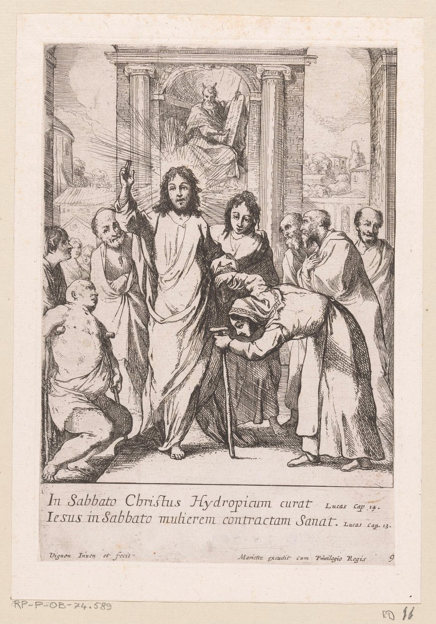 Helbredelse af den lamme mand og den skæve kvinde på sabbatten Miracula Domini Nostri Jesu Christi (serietitel) Kristi mirakler (serietitel) af Claude Vignon