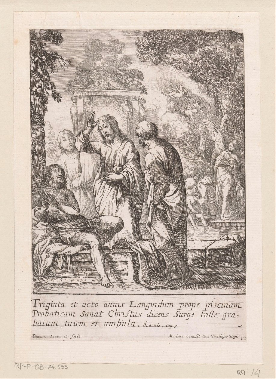 Helbredelse af manden ved poolen i Bethesda Miracula Domini Nostri Jesu Christi (serietitel) Mirakler af Kristus (serietitel) af Claude Vignon
