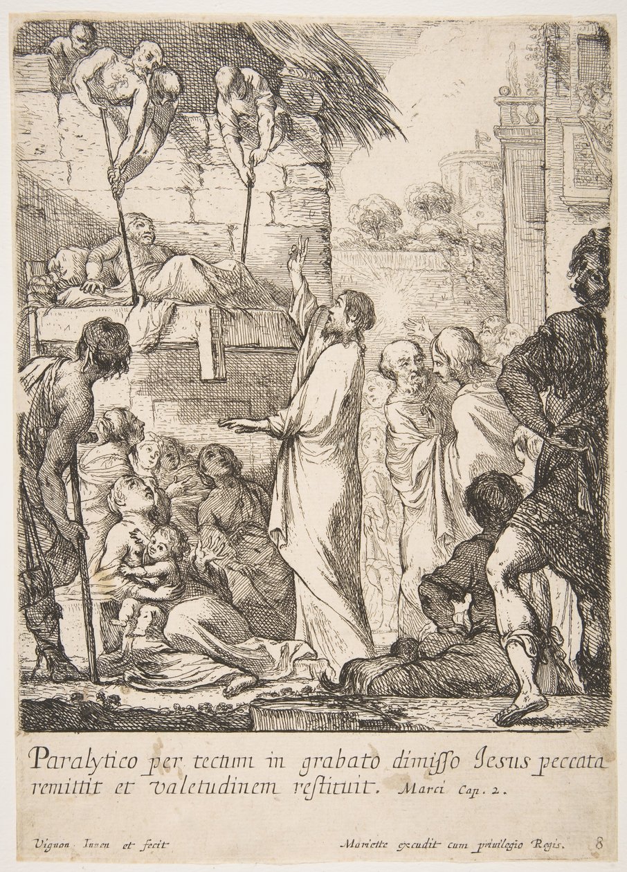 Helbredelse af lamme Jesus Kristus beviser ved at helbrede en lamme, at han har magten til at... af Claude Vignon