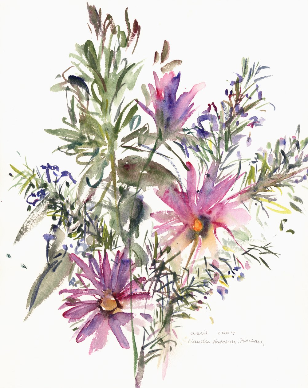 Blomster, sydafrikanske tusindfryd og lavander, 2004 (akvarel) af Claudia Hutchins Puechavy