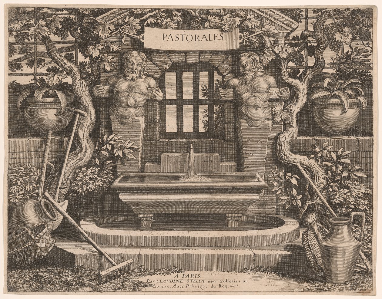 Titelplade med rustikke springvand og dedikation, fra Pastorales af Claudine Bouzonnet Stella