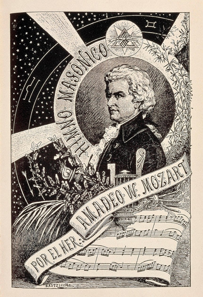 Repræsentation af den østrigske komponist Wolfgang Amadeus Mozart (1756-1791), et frimurermedlem tilknyttet Encyclopedic Dictionary of Freemasonry, slutningen af det 19. - begyndelsen af det 20. århundrede (gravering) af Claudio Castelucho