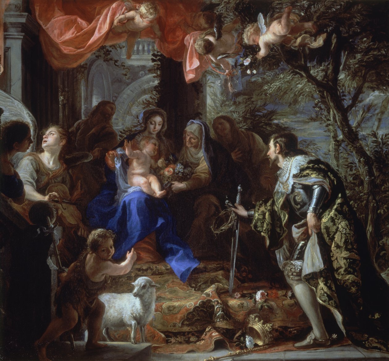 Jomfruen og barnet tilbedt af Sankt Ludvig, konge af Frankrig, ca. 1665 (olie på lærred) af Claudio Coello