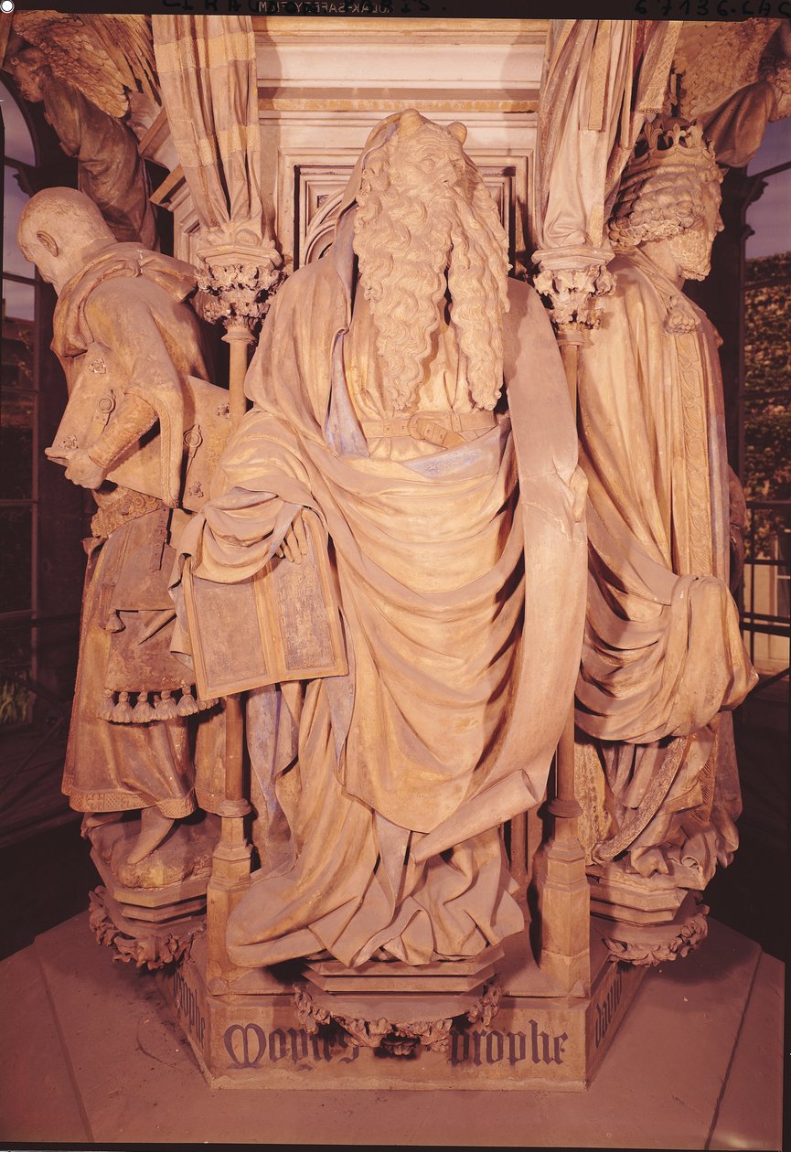 Moses, detalje fra den sekskantede piedestal af Moses Brønd, 1395-1404 af Claus and Malouel, Jean Sluter