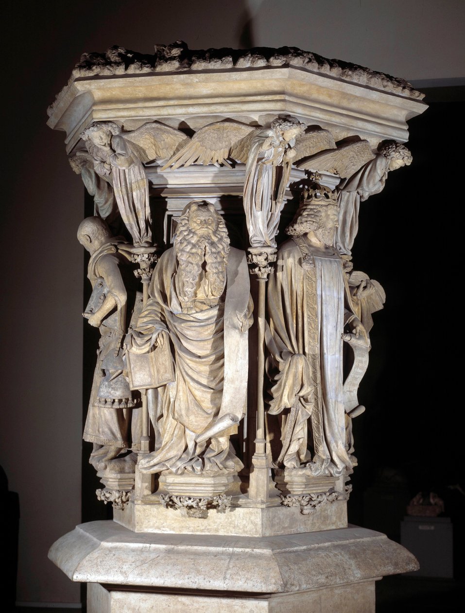Flamsk gotisk kunst: piedestal med repræsentationer af Daniel, Zaccharie, Esajas, Moses (i forgrunden), Jeremie og David af Claus Sluter (1350-1406) kendt som Moses