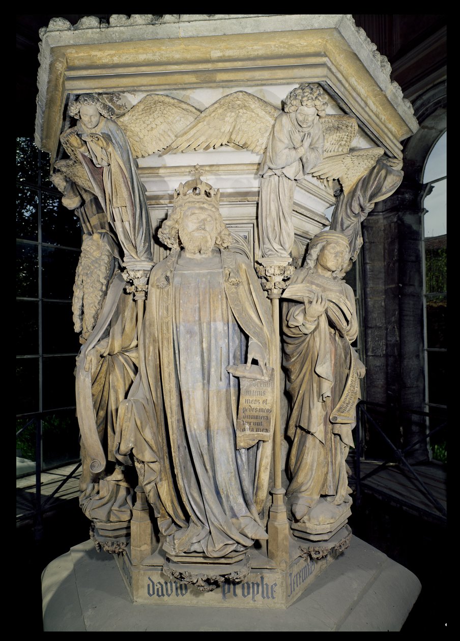 Kong David flankeret af Moses og Jeremias, detalje af den sekskantede piedestal af Moses Brønd, 1395-1404 sten for detaljer se 86117-19 af Claus and Malouel, Jean Sluter