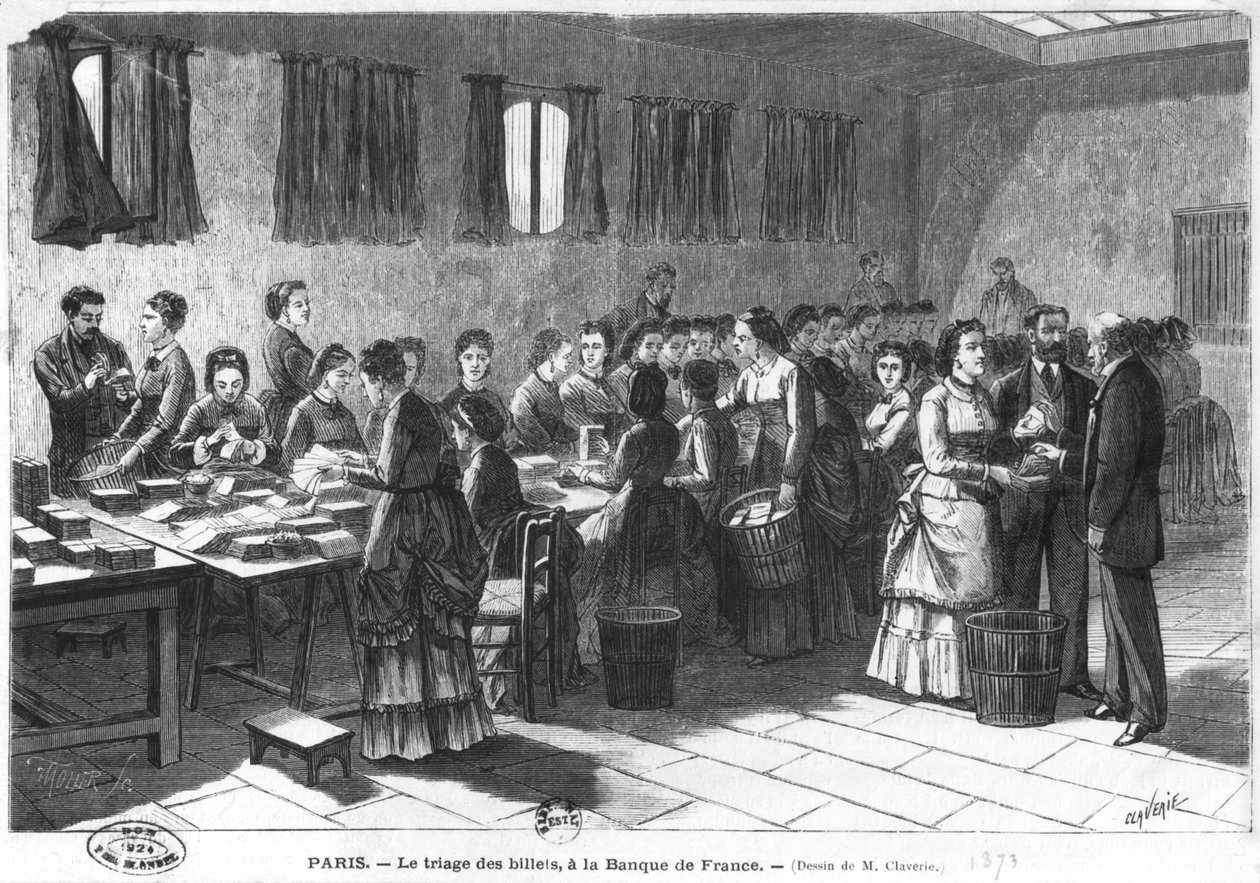 Udsortering af pengesedler ved Paris Bank of France, indgraveret af F. Mollet (1800-tallet) 1897 af Claverie