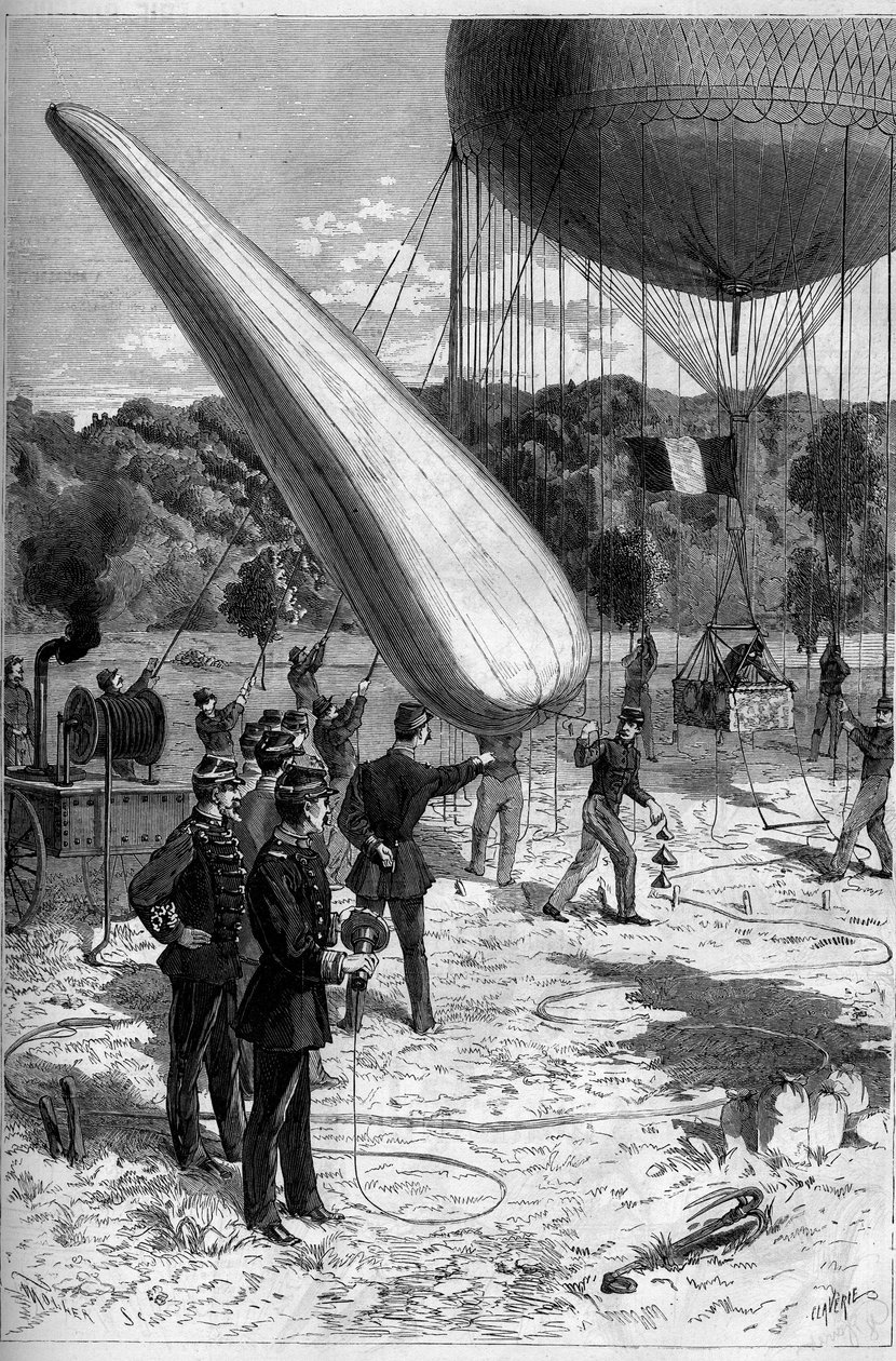 Militære aerostater: telefoniske oplevelser i etableringen af Meudon. Gravering af Claverie i "" Le Monde Illustré"" nr. 1331 af 30. september af Claverie