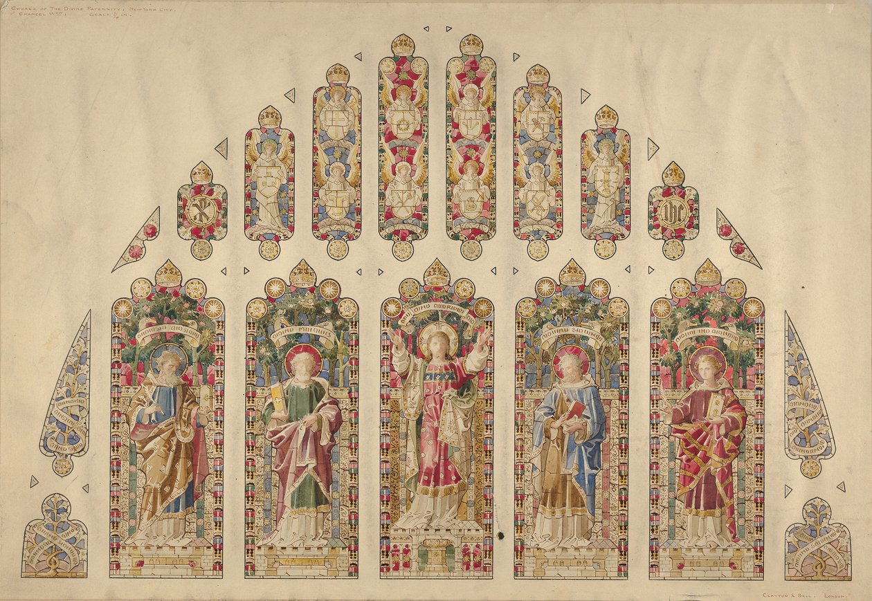 Design til et farvet glasvindue med flere ruder, Church of the Divine Paternity, New York, ca.1898. af Clayton and Bell