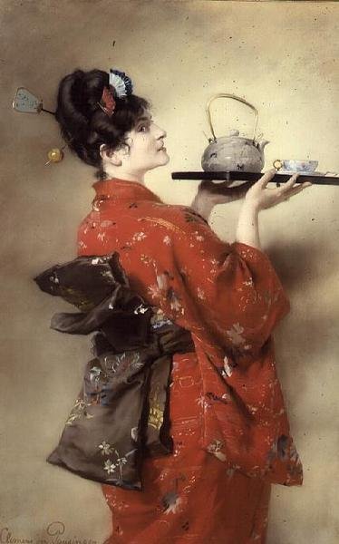 Portræt af en europæisk dame i japansk kostume af Clemens von Pausinger