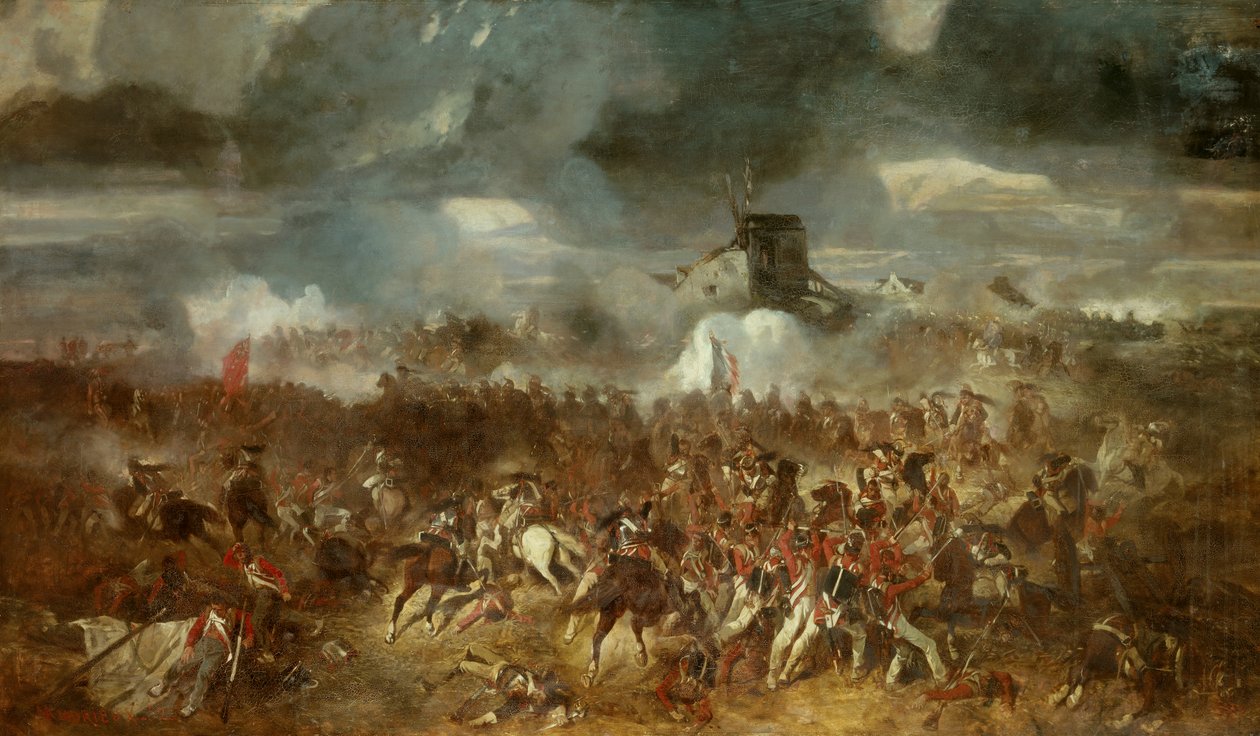 Napoleonskrigen: "" Udsigt over slaget ved Waterloo den 18/06/1815"" Maleri af Clement Auguste Andrieux (1829-1880) 1852 Søn. 1,1x1,93 m. af Clément Auguste Andrieux