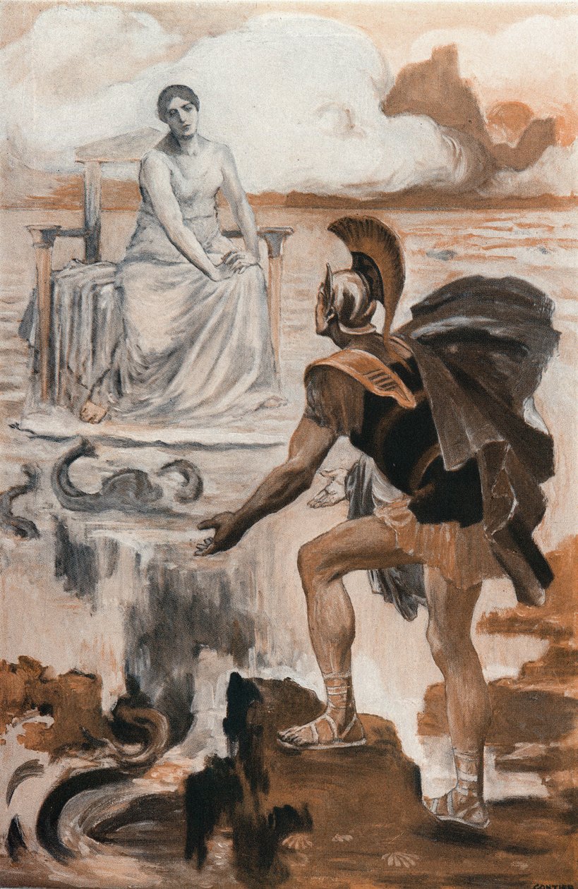 Achilles påkalder sin mor Thetis. Illustration af Clement Gontier (1876-1918) til Homeres "Iliaden" (Omero). Paris, Henri Laurens af Clement Gontier