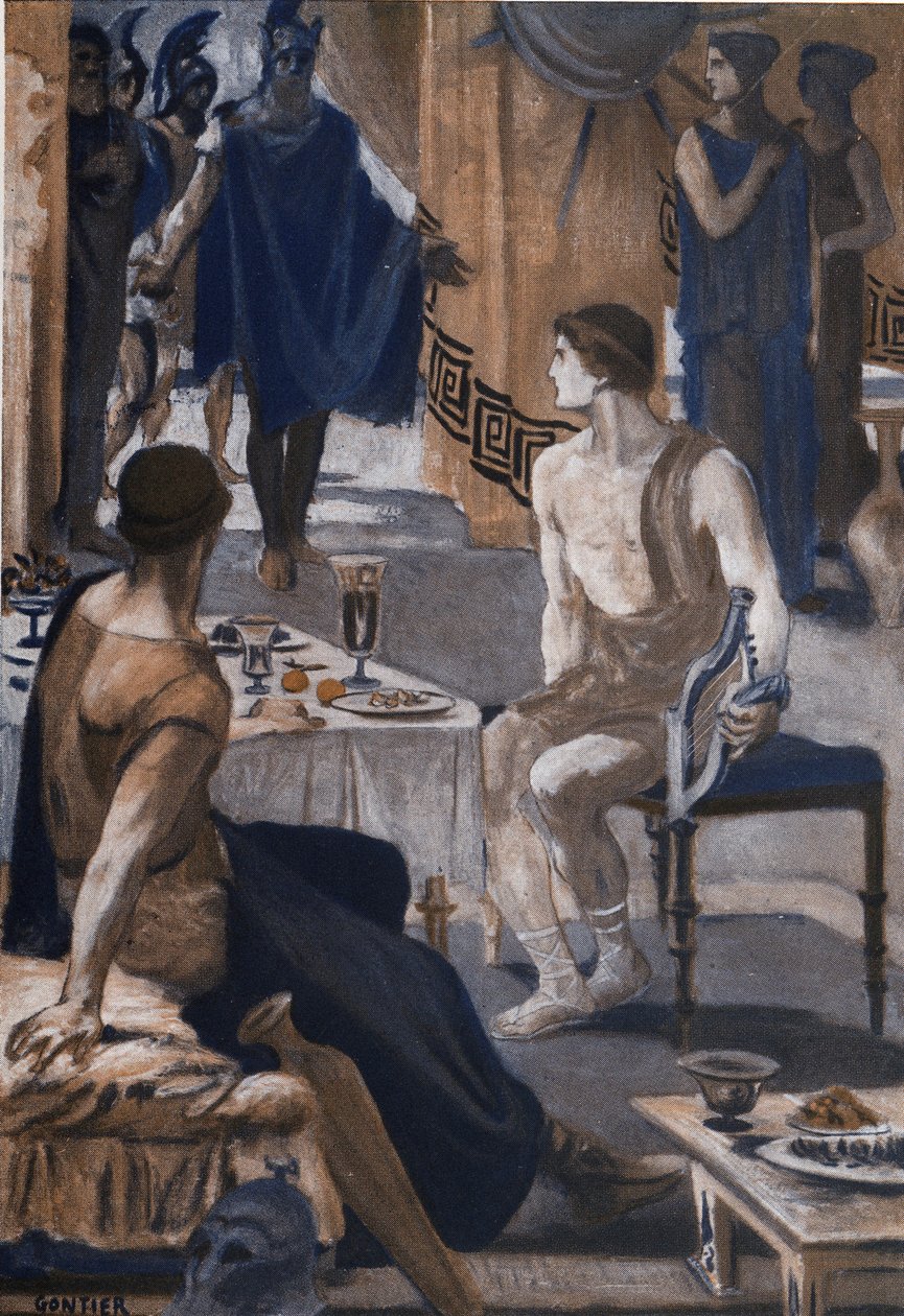 Achilleus modtager Agamemnons udsendinge. Illustration af Clement Gontier (1876-1918) til Homeres "Iliaden" (Omero). Paris, Henri Laurens af Clement Gontier
