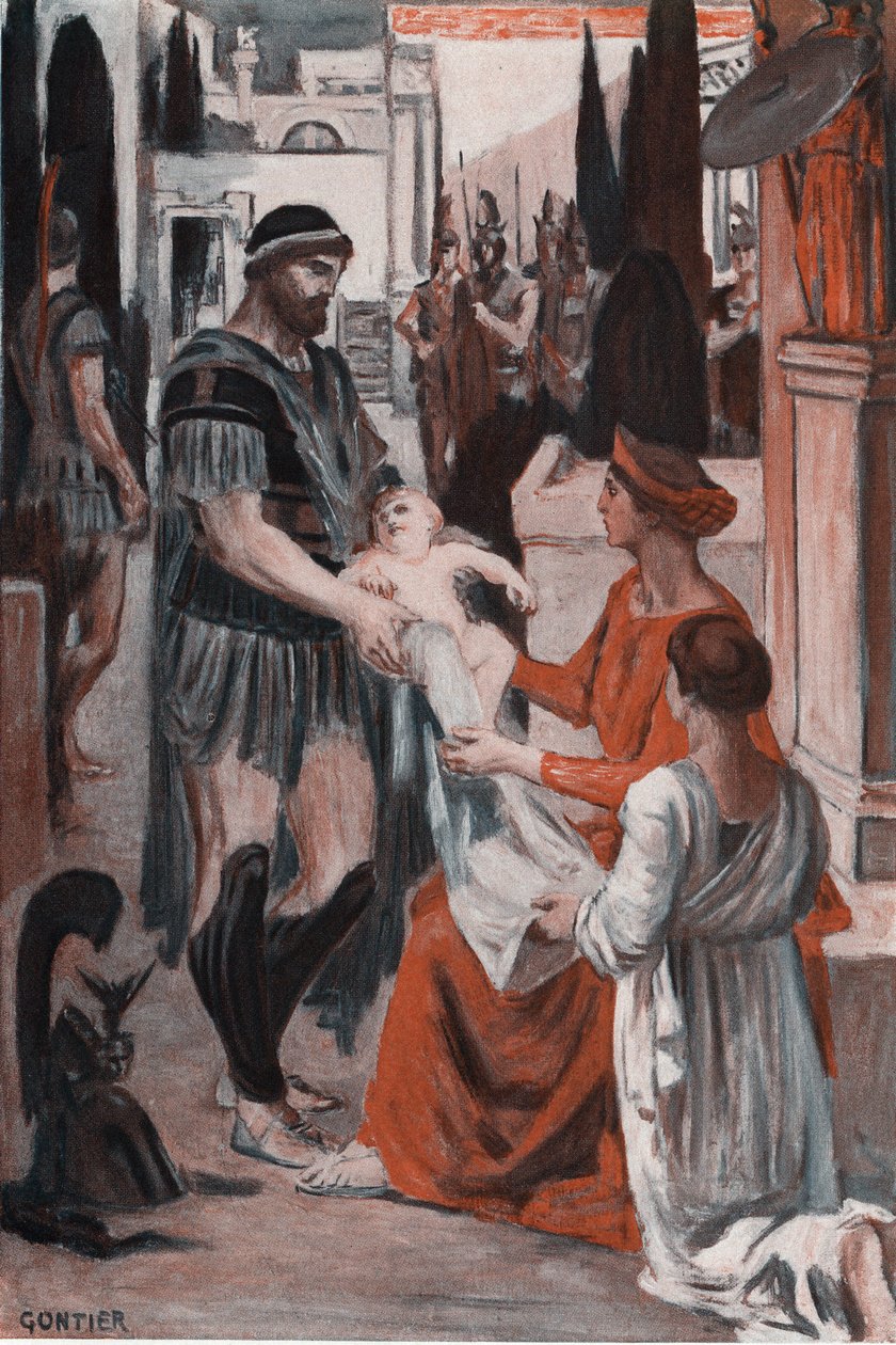 Hector og Andromaque farvel. Illustration af Clement Gontier (1876-1918) til Homeres "Iliaden" (Omero). Paris, Henri Laurens af Clement Gontier