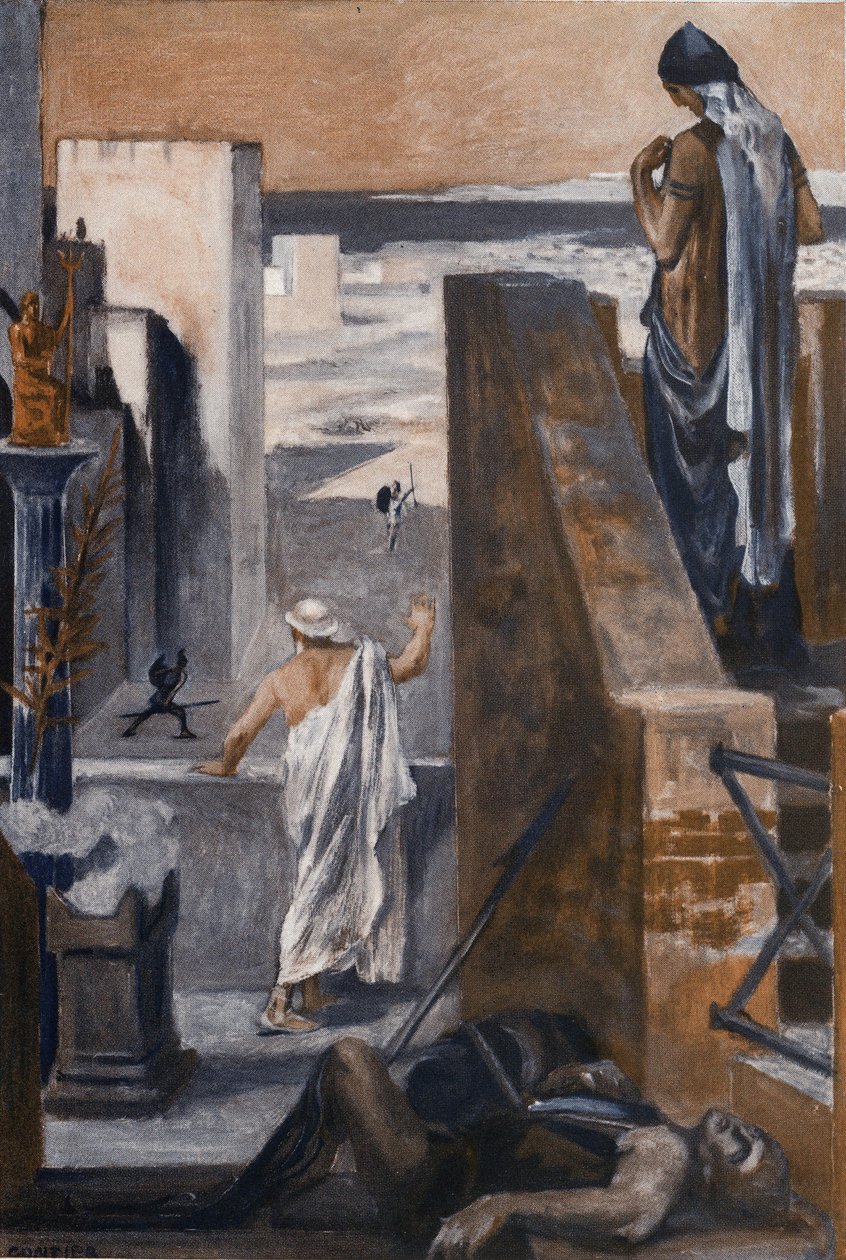 Hectors forældre beder ham om at undgå kampen. Illustration af Clement Gontier (1876-1918) til Homeres "Iliaden" (Omero). Paris, Henri Laurens af Clement Gontier