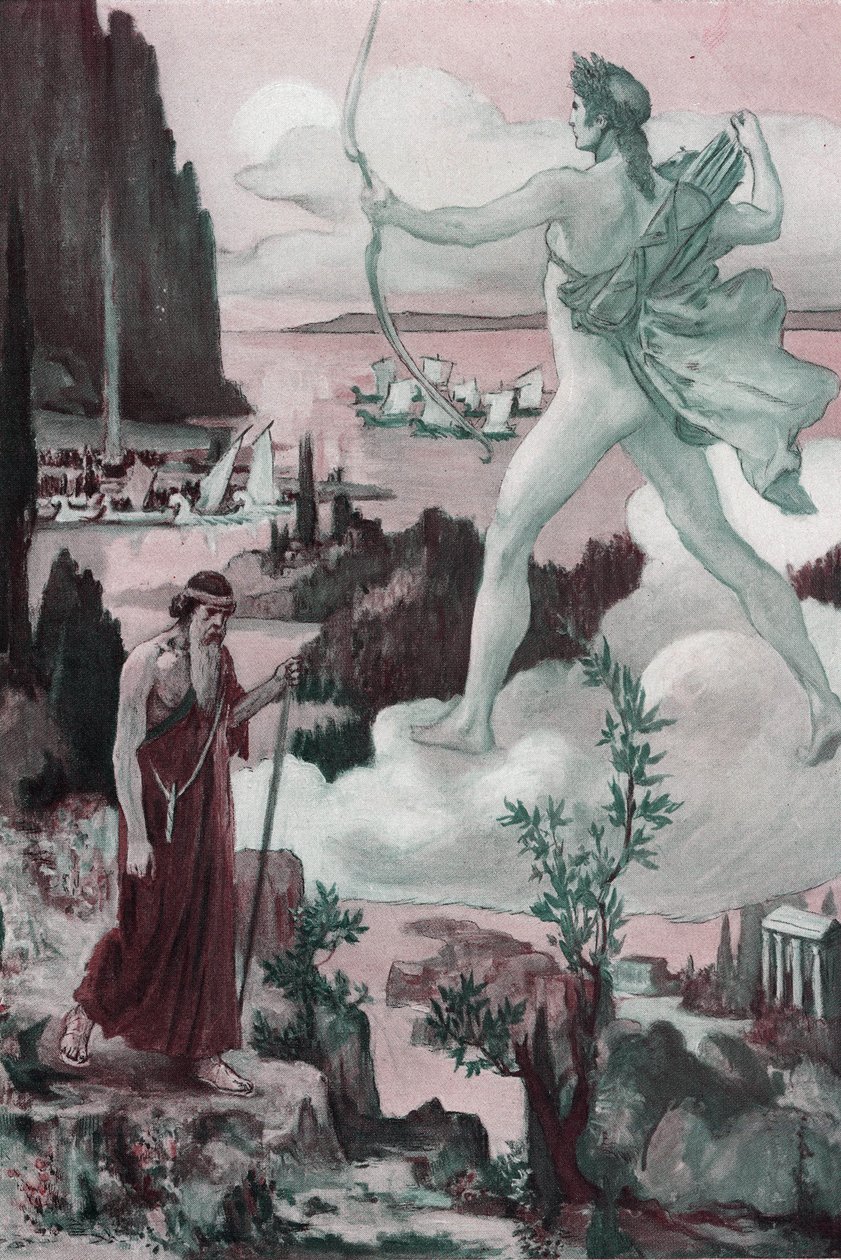 Påkaldelse. Apollons vrede: Præst Chryses påkalder Apollon og siger: "Lad grækerne blive kastet bort af dine pile fra de tårer, de får mig til at udgyde!" . Illustration af Clement Gontier (1876-1918) til Homeres "Iliaden" (Omero). Paris, Henri Laurens af Clement Gontier
