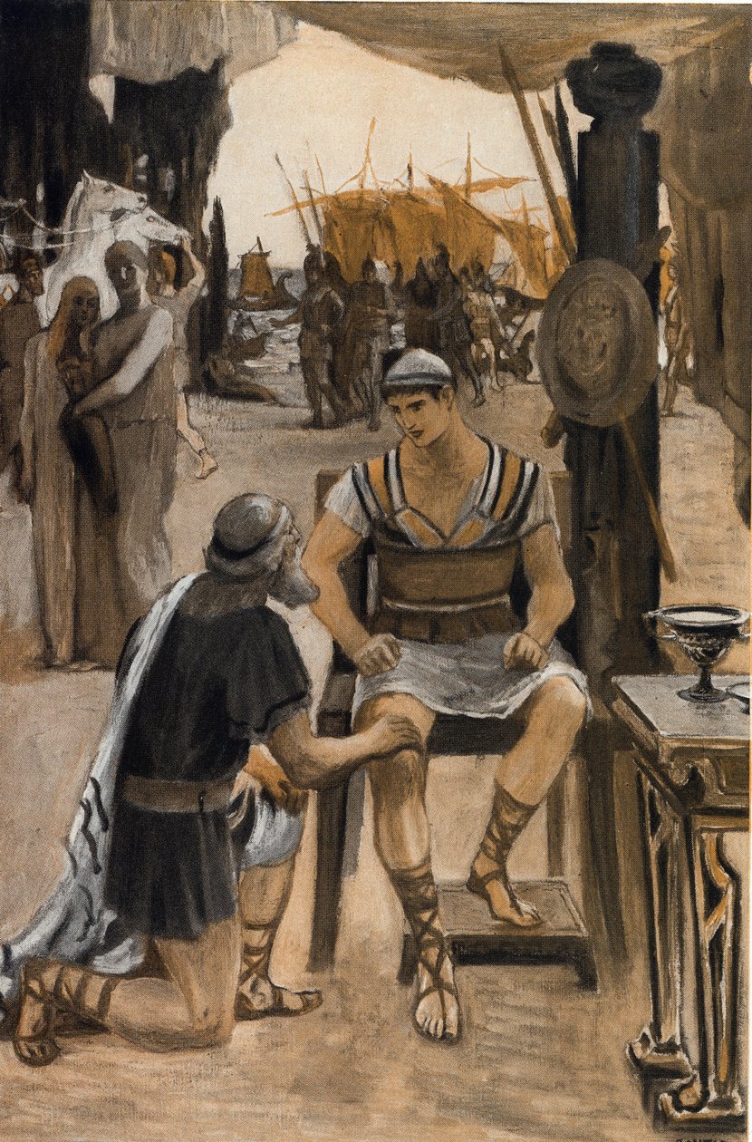 Priam rachete har Achilles liget af sin søn (Hector). Illustration af Clement Gontier (1876-1918) til Homeres "Iliaden" (Omero). Paris, Henri Laurens af Clement Gontier