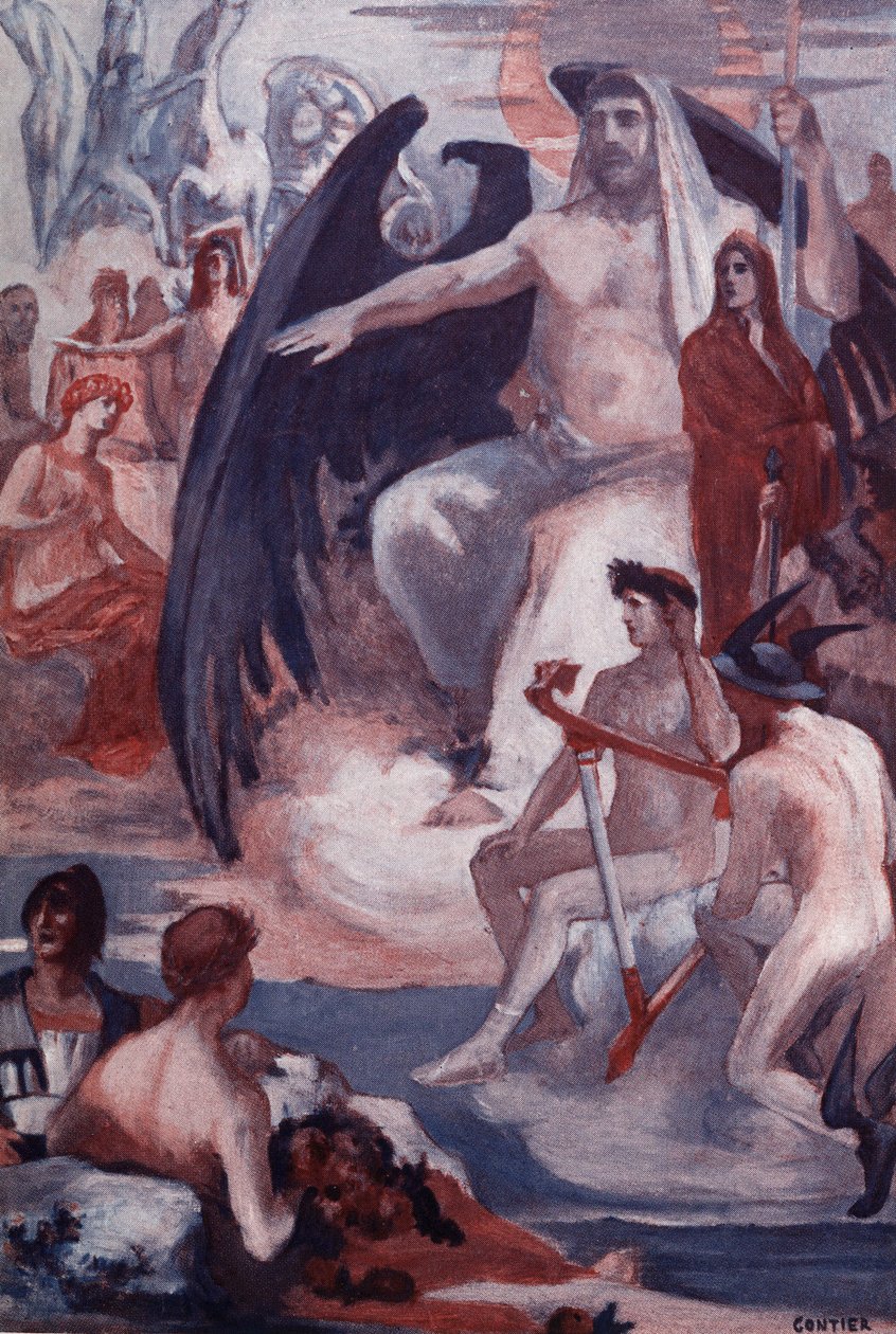 Jupiters forsvar for at redde trojanerne eller grækerne. Illustration af Clement Gontier (1876-1918) til Homeres "Iliaden" (Omero). Paris, Henri Laurens af Clement Gontier